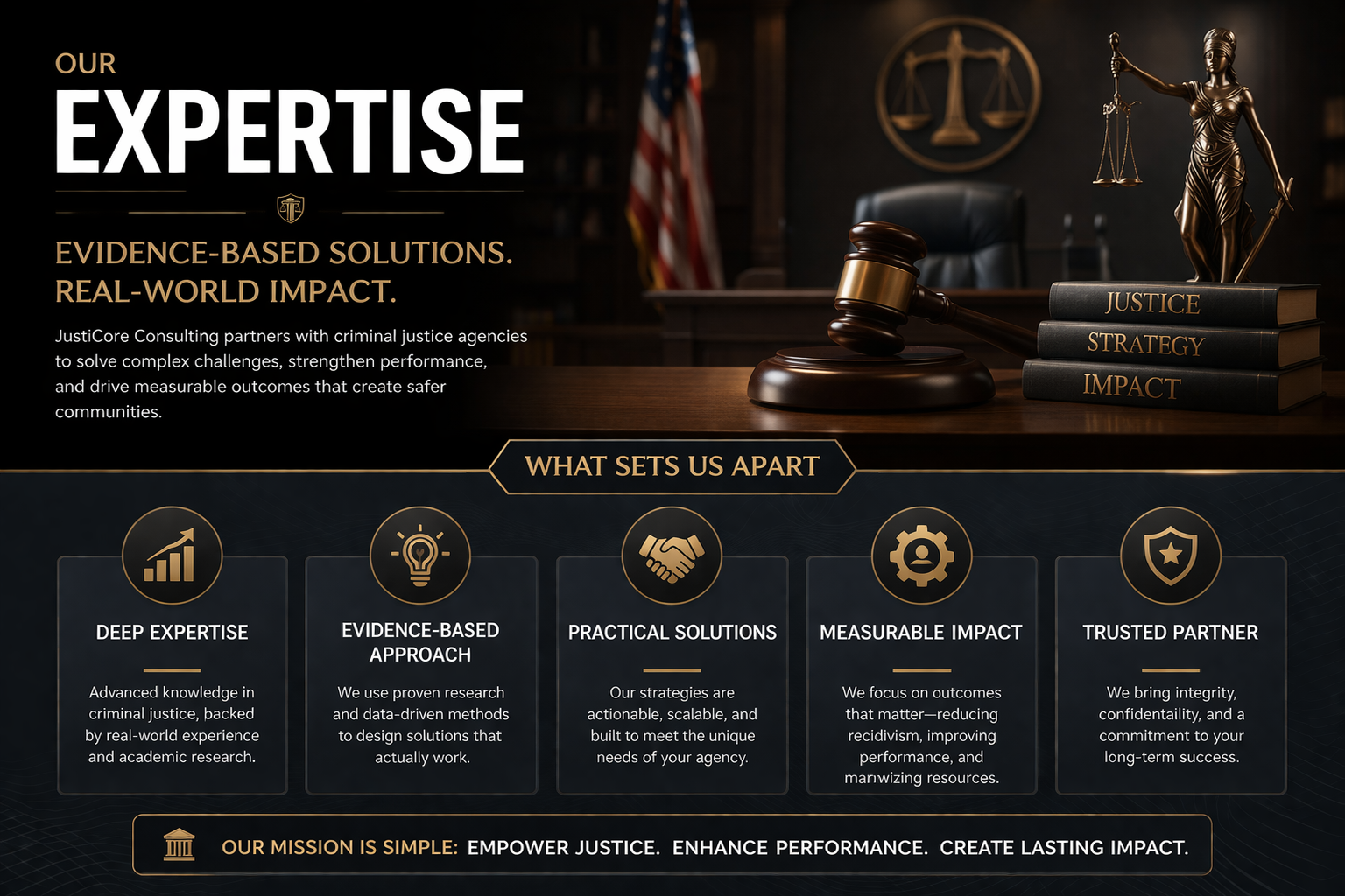 Homepage of Justicia Consulting featuring legal-themed imagery including a gavel, scales of justice, and a statue of Lady Justice. Text highlights expertise in evidence-based solutions for criminal justice agencies.