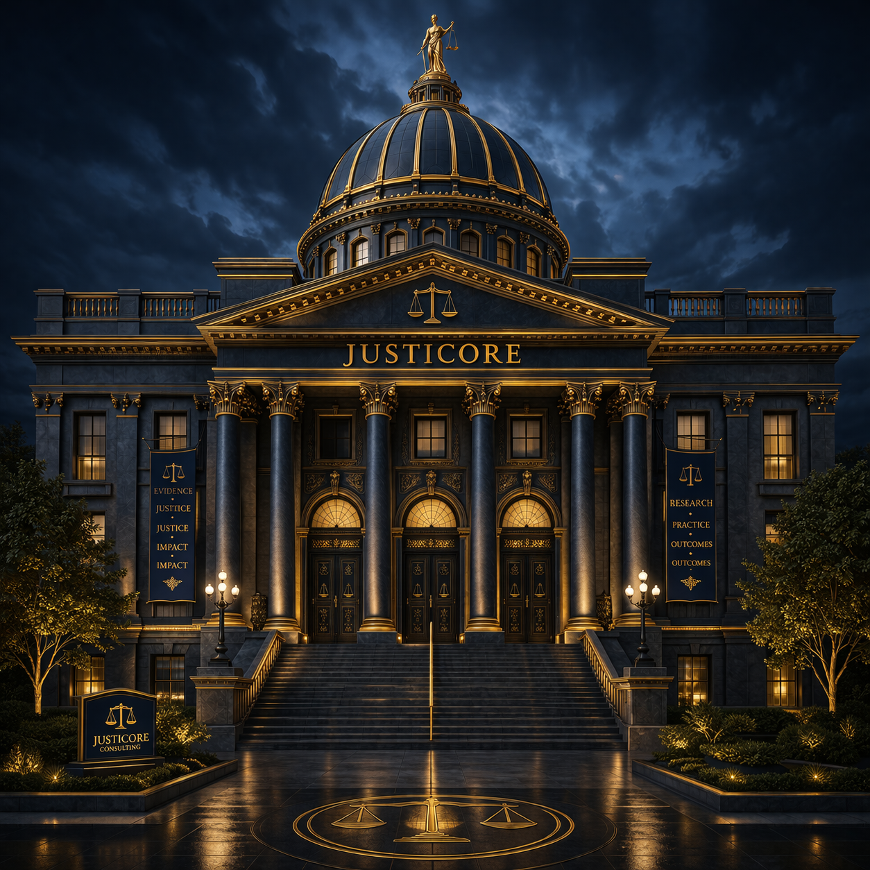 A grand gov building at night with on the front, the word 'JUSTICORE' and a golden statue of Lady Justice on top. The building has tall columns, stairs leading up to the entrance, and banners on both sides listing 'Evidence, Justice, Justice Impact' and 'Research, Practice, Outcomes'. Trees and decorative lights are in front.