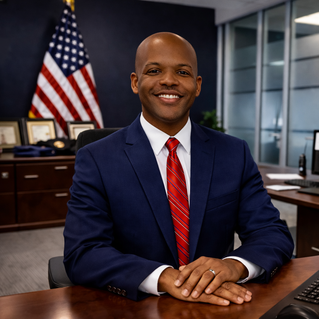 A smiling man in a navy suit, white shirt, and red striped tie sitting at a desk in an office with an American flag and framed certificates in the background.