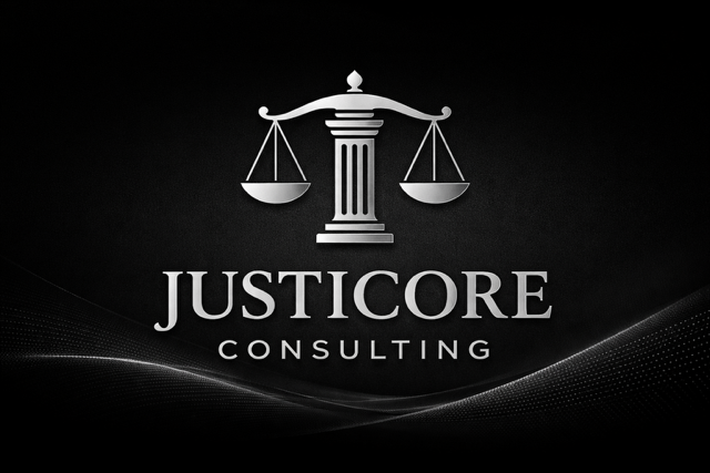 Logo for Justicore Consulting featuring a balanced scale and a column, with the company name below.