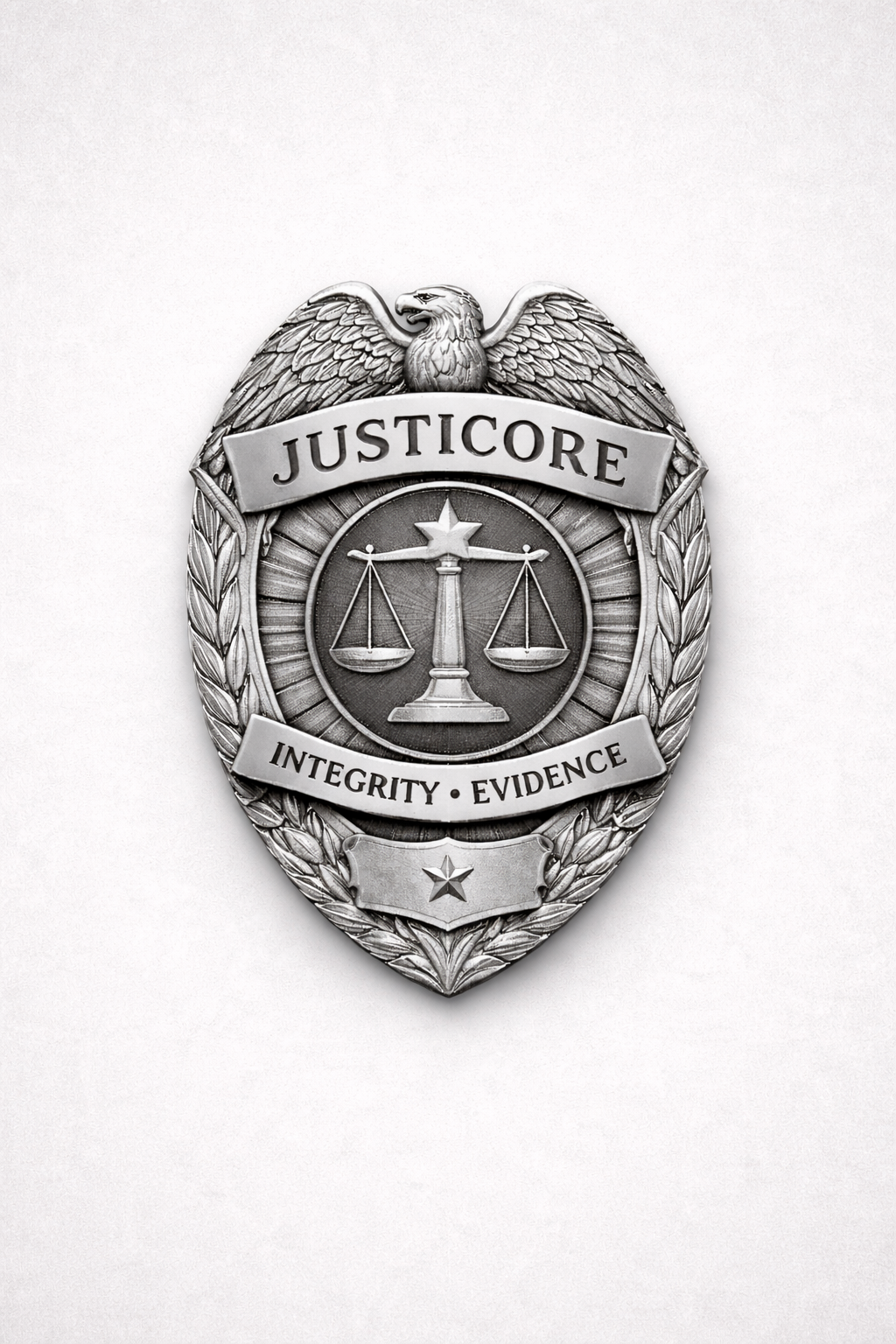 A silver police badge with an eagle at the top, the word 'JUSTICE' on a banner, scales of justice in the center, and the words 'INTEGRITY' and 'EVIDENCE' at the bottom.