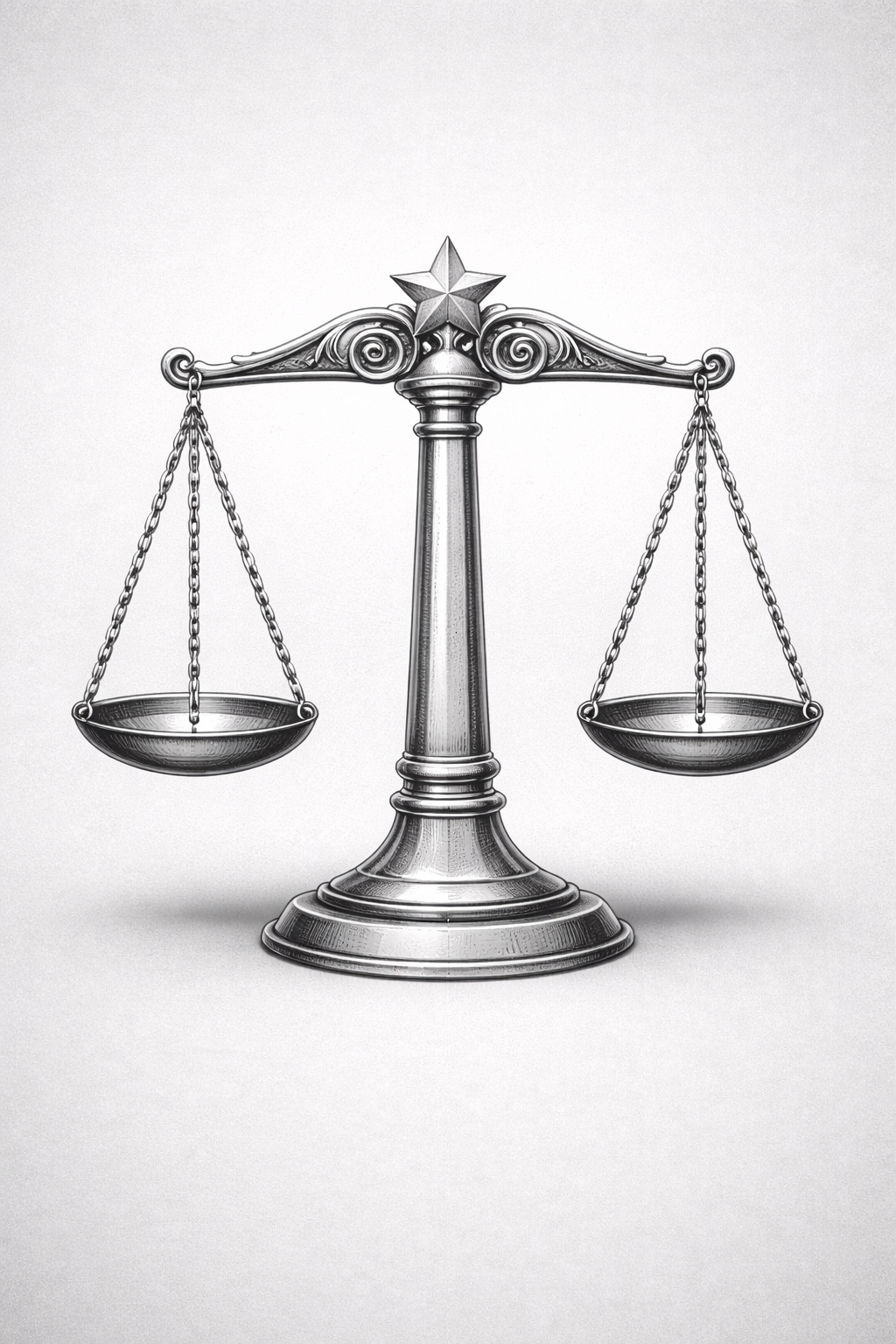 A black and white illustration of a balanced scale with decorative details and a star at the top, symbolizing justice.