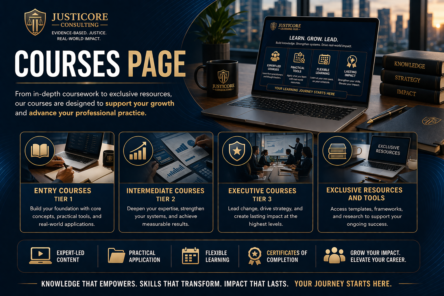 An informational poster for JusticeCore Consulting courses, featuring a dark blue background with gold and white text. It displays various course tiers from entry to executive levels, with descriptions, icons, and benefits such as expert-led content, practical application, flexible learning, and exclusive resources. The image also shows a laptop, books, coffee mug, and pens arranged on a desk with a cityscape view at sunset.