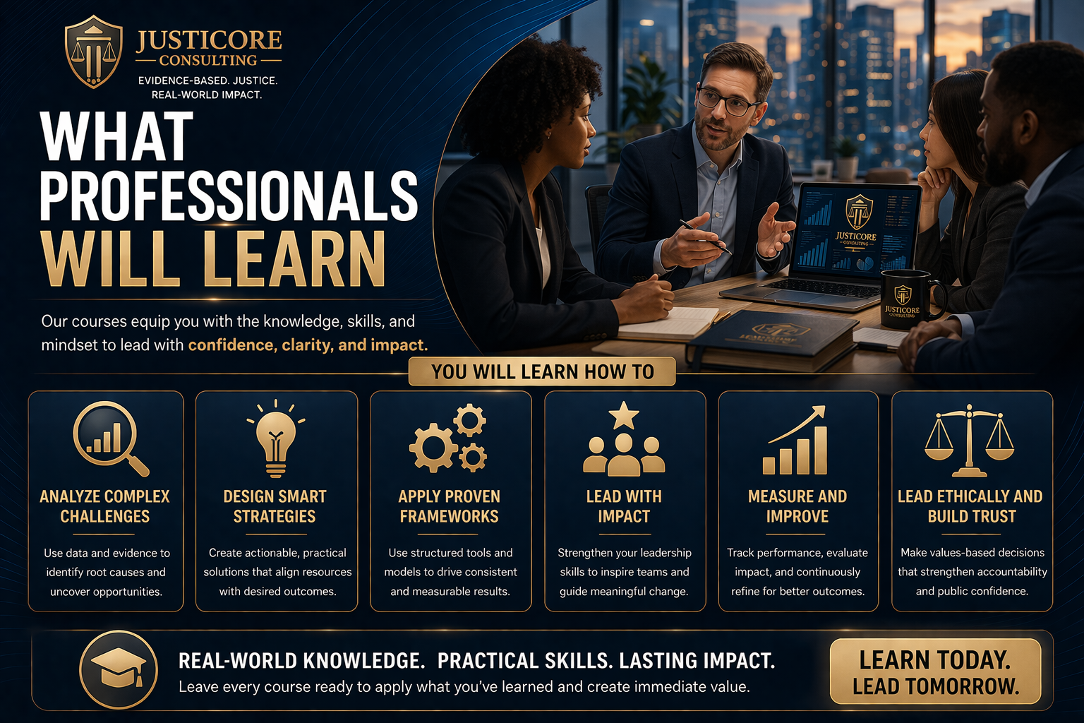 A digital graphic for JusticeCore Consulting features a professional meeting with four people around a table, laptops, and documents, with city skyline in the background. The graphic emphasizes professional learning, confidence, clarity, and impact, showcasing course benefits like analyzing challenges, designing strategies, applying frameworks, leading impact, measuring progress, and building trust, with a call to action to learn today and lead tomorrow.