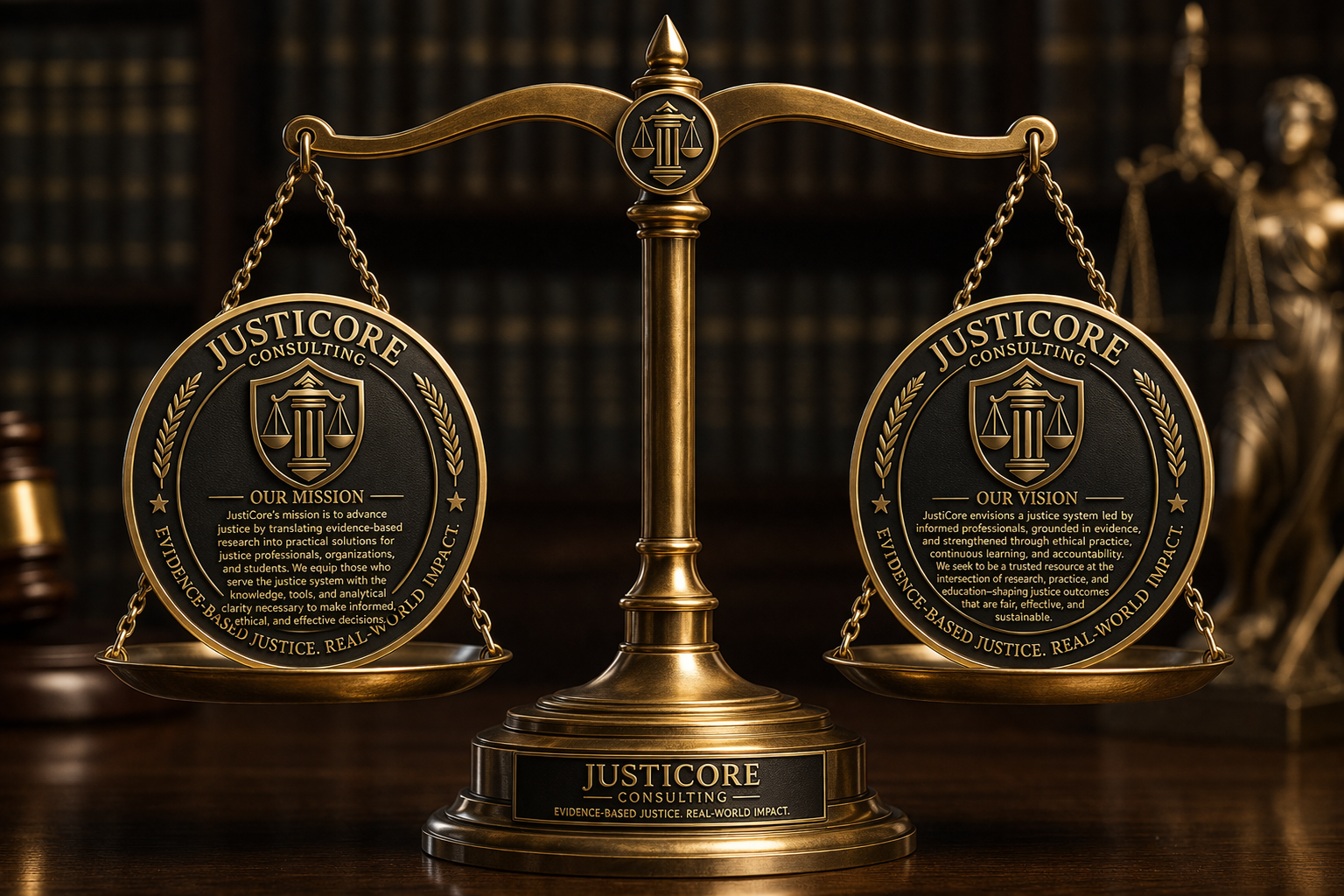 A golden balance scale with two circular plaques engraved with JusticeCore Consulting mission and vision statements, set against a background of legal books.