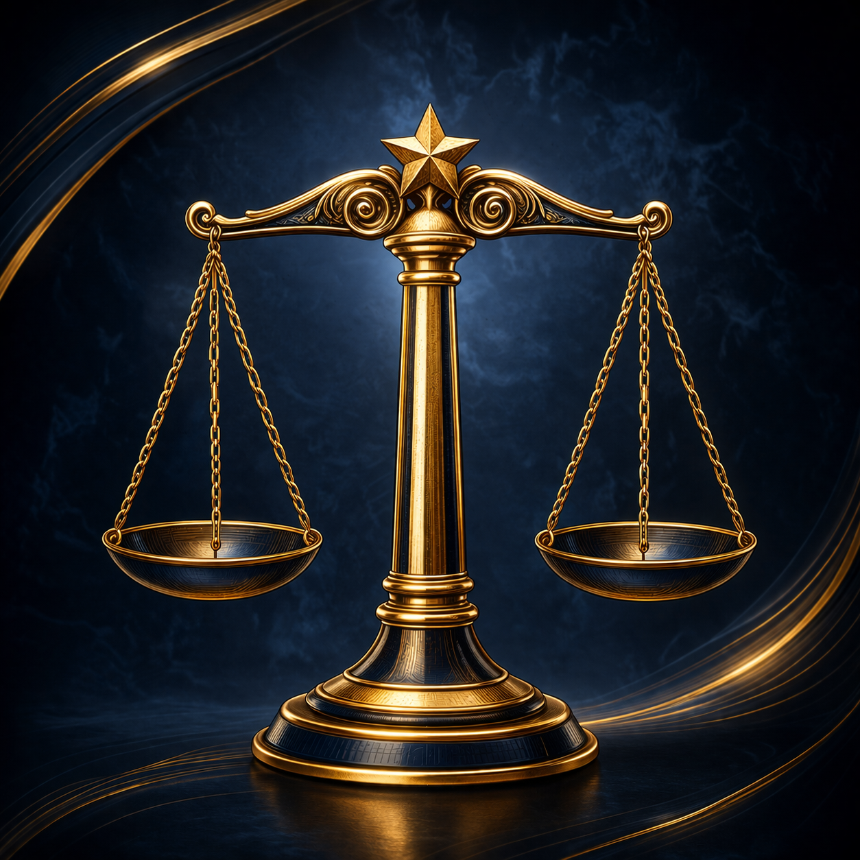 Golden balance scale with a star on top against a dark blue background with swirling gold accents.