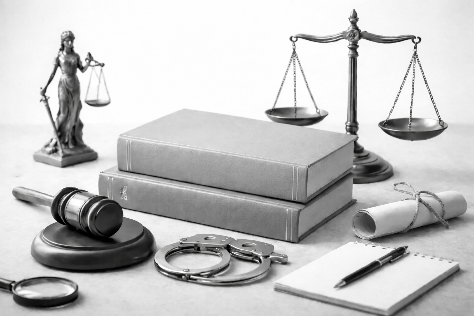 Legal-themed objects including a statue of Lady Justice holding scales and sword, a set of scales, gavel on a stand, a rolled document tied with string, a pair of handcuffs, books, a magnifying glass, a notepad with pen, and a badge, all arranged on a light surface.