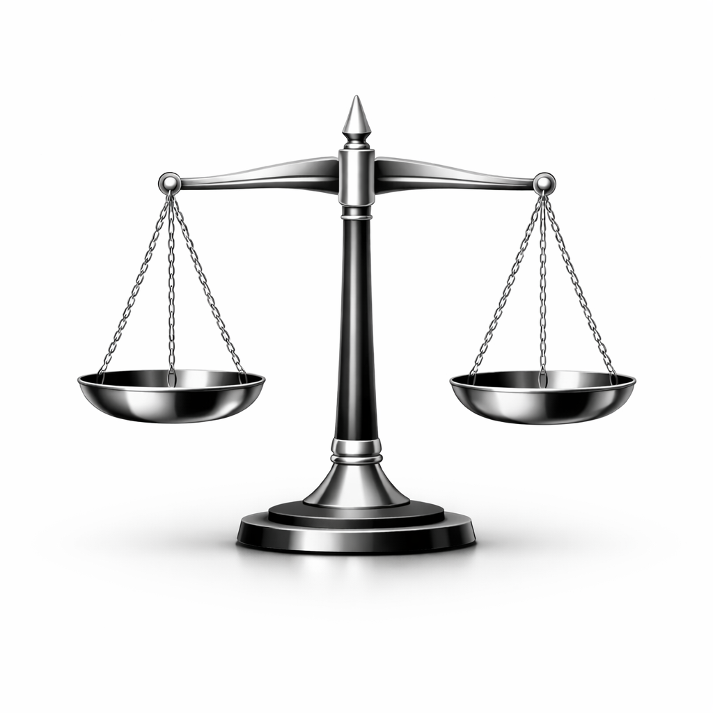 A black and silver balance scale with empty pans