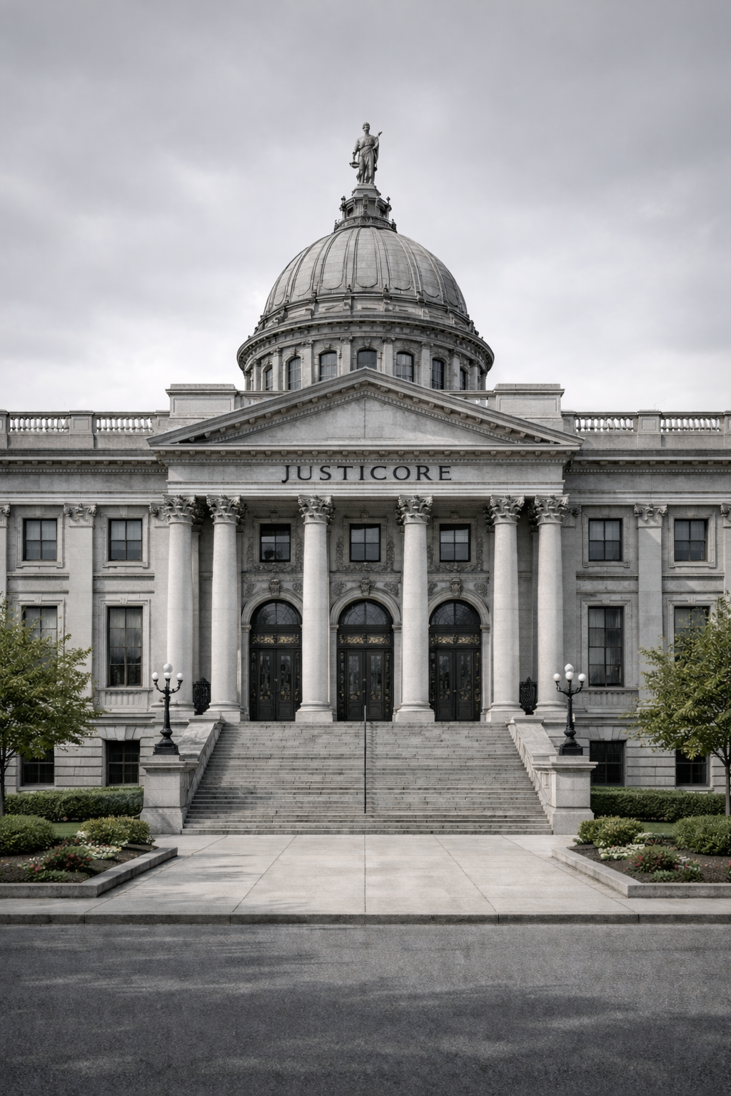 Front view of a neoclassical government building with the word 'JUSTICORE' on the pediment, large columns, stairs, and a statue of justice on top.