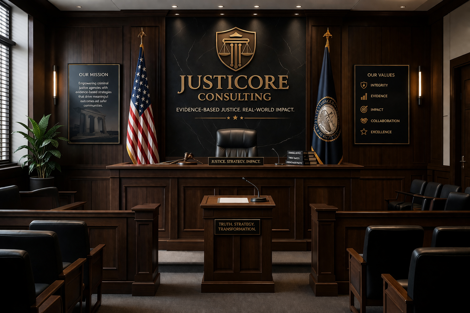 A courtroom with wooden paneling, American flags, a large black and gold JusticeCore Consulting sign, and chairs arranged for an audience.