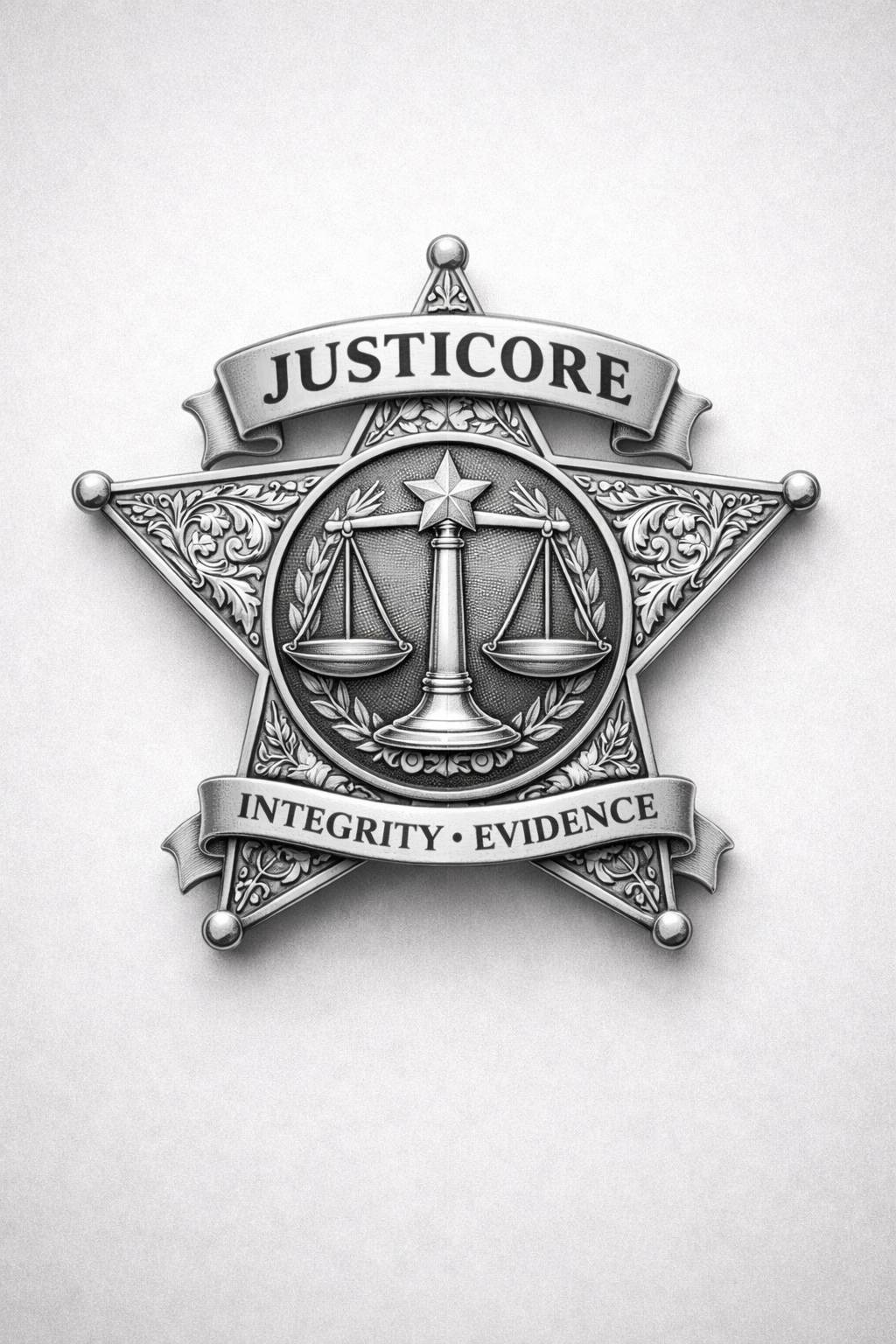 A silver police badge with a star at the top, inscribed with the words "Justicore", and featuring a central emblem of scales of justice encircled by a laurel wreath, with ribbons below reading "Integrity" and "Evidence."