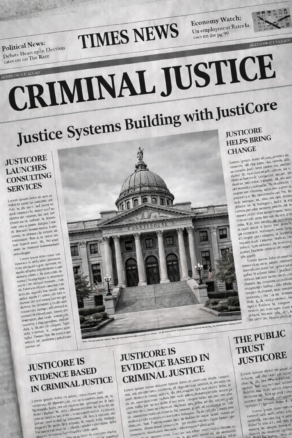 Black and white newspaper front page with headlines about criminal justice and a photo of a government building with a dome.