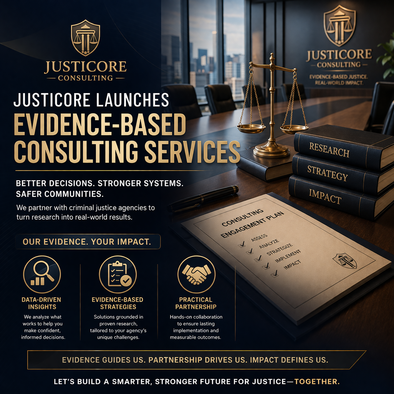 Advertisement for JusticeCore consulting services featuring a conference room with legal symbols, a balanced scale, and legal books labeled 'Research,' 'Strategy,' and 'Impact.' The poster emphasizes evidence-based consulting, data-driven insights, practical partnership, and a planned engagement process.