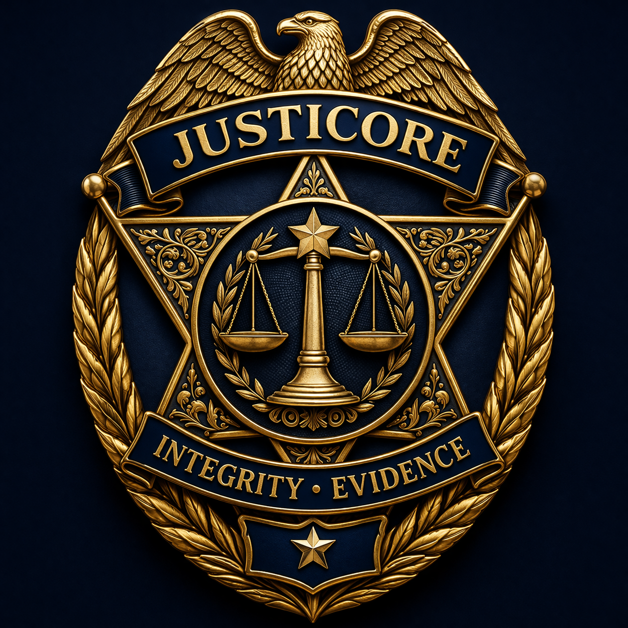 Gold and blue law enforcement badge with eagle on top, scales of justice in center, and words 'JUSTICORE' and 'INTEGRITY · EVIDENCE'.