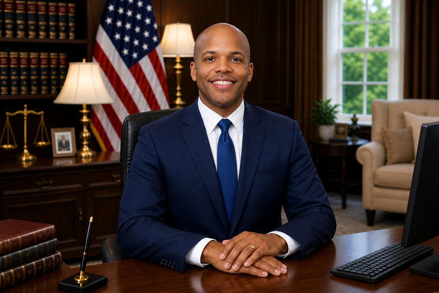 A man in a navy suit and blue tie sitting at a wooden desk in an office with an American flag behind him, a lamp, framed photos, and books in the background.