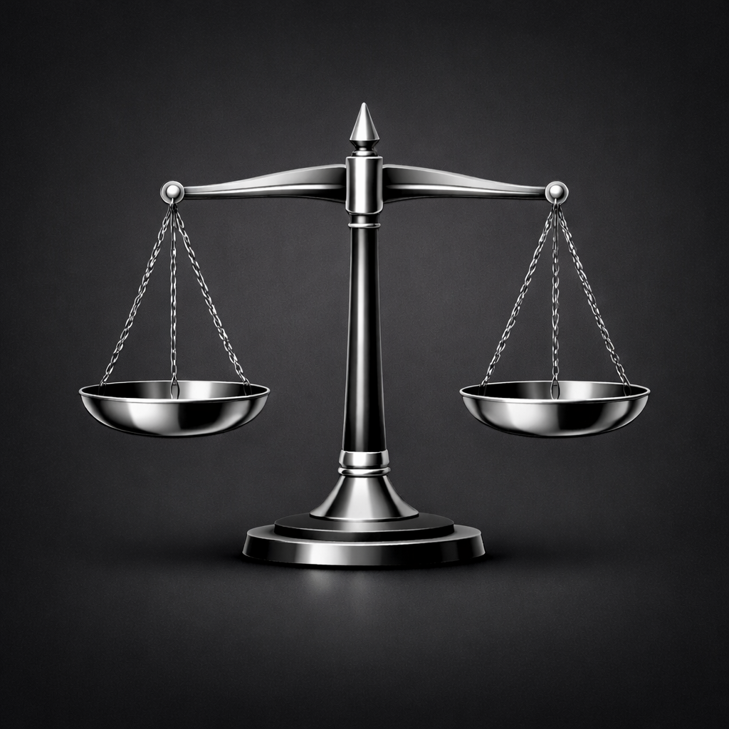 A silver balance scale with empty pans against a dark background.