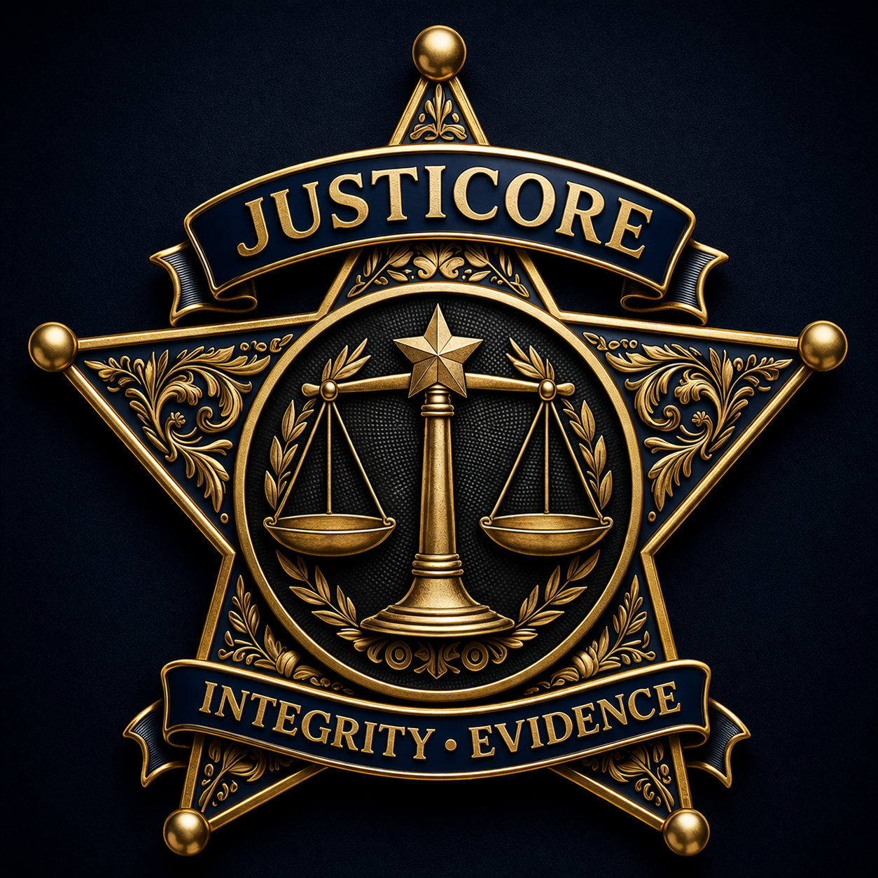 A decorative badge with gold and navy colors featuring a set of scales in the center, surrounded by ornate details. The badge has a banner reading 'JUSTICORE' at the top and 'INTEGRITY • EVIDENCE' at the bottom.