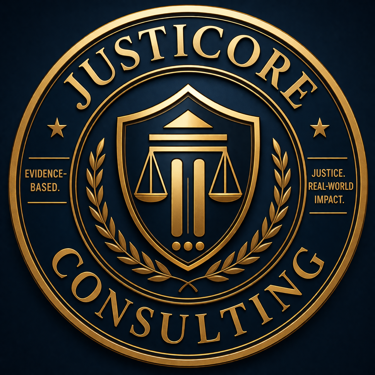 Gold and blue emblem with the words 'Justice Conference' and 'Evidence-Based. Justice. Real-World Impact' surrounding a shield with scales of justice.