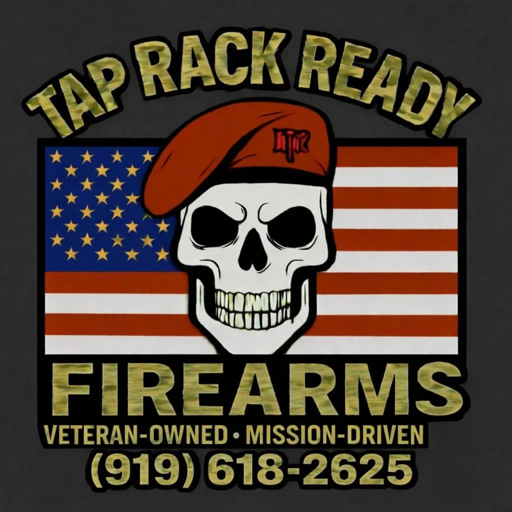 A logo for a veteran-owned firearms business called 'Tap Rack Ready Firearms'. It features a skull wearing a red beret with a tattoo on it, set against an American flag background. The text includes the business name, tagline, and phone number.
