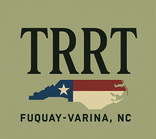 A beige background with large black text reading TRRT. Below the text is an outline of North Carolina filled with the Texas flag and a star. Beneath the outline, it says FUQUAY-VARINA, NC.