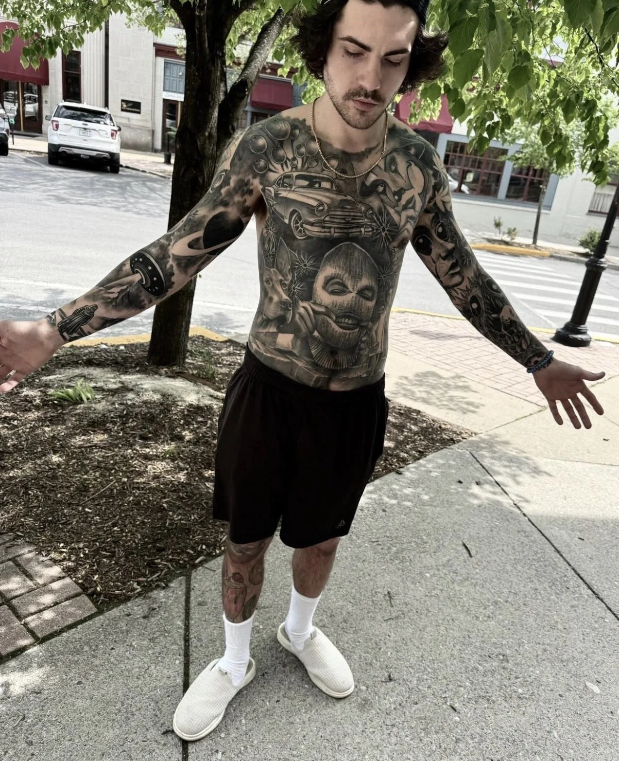 Client showing full upper-body and arm tattoos, all completed by Cody Eckenrode at CREate Tattoo Studio in Hollidaysburg, PA.