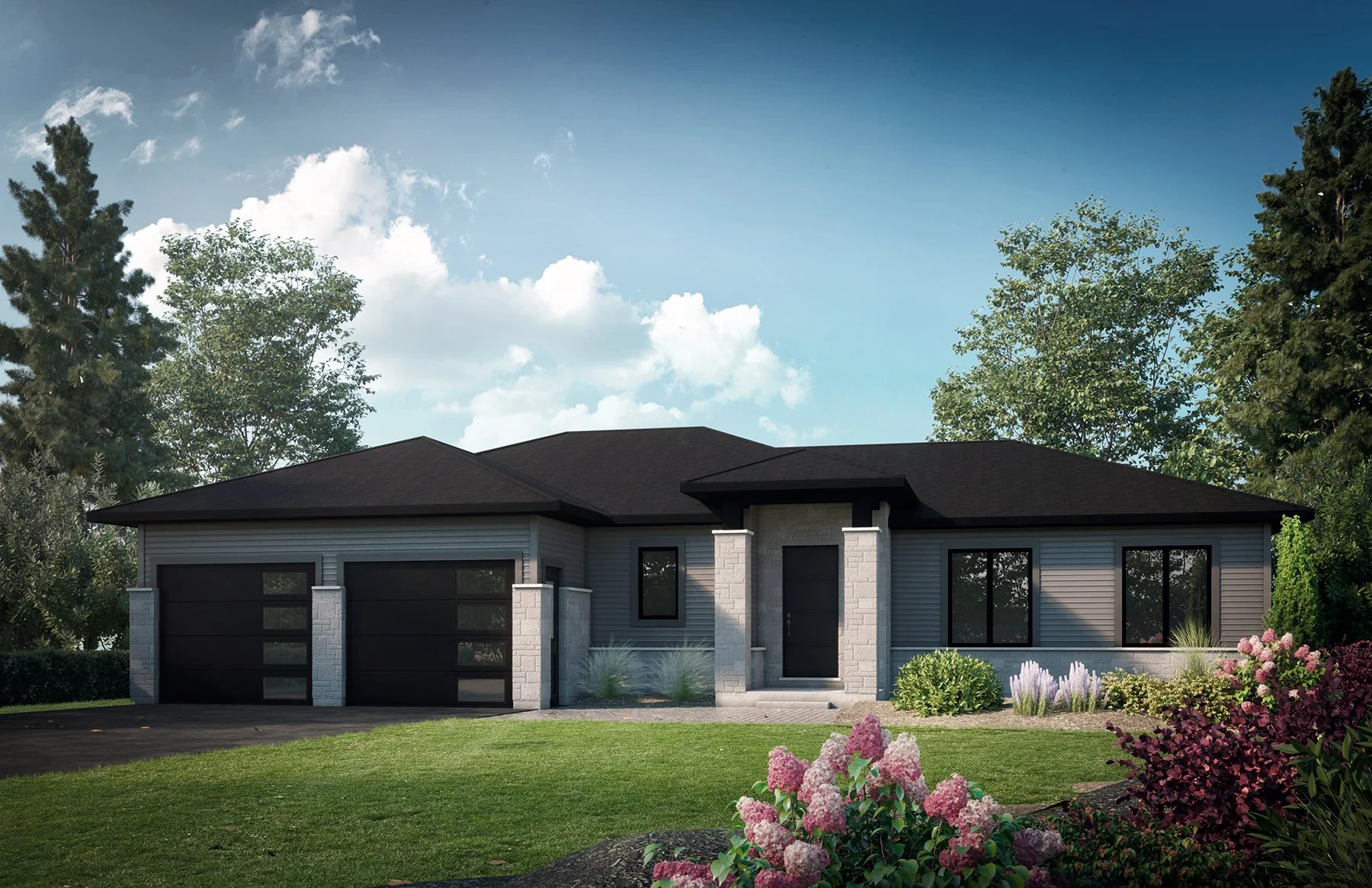 A modern single-story house with gray siding and a black roof, featuring a double garage and a pathway leading to the main entrance, surrounded by a well-maintained lawn and landscaped garden with colorful flowers and trees.