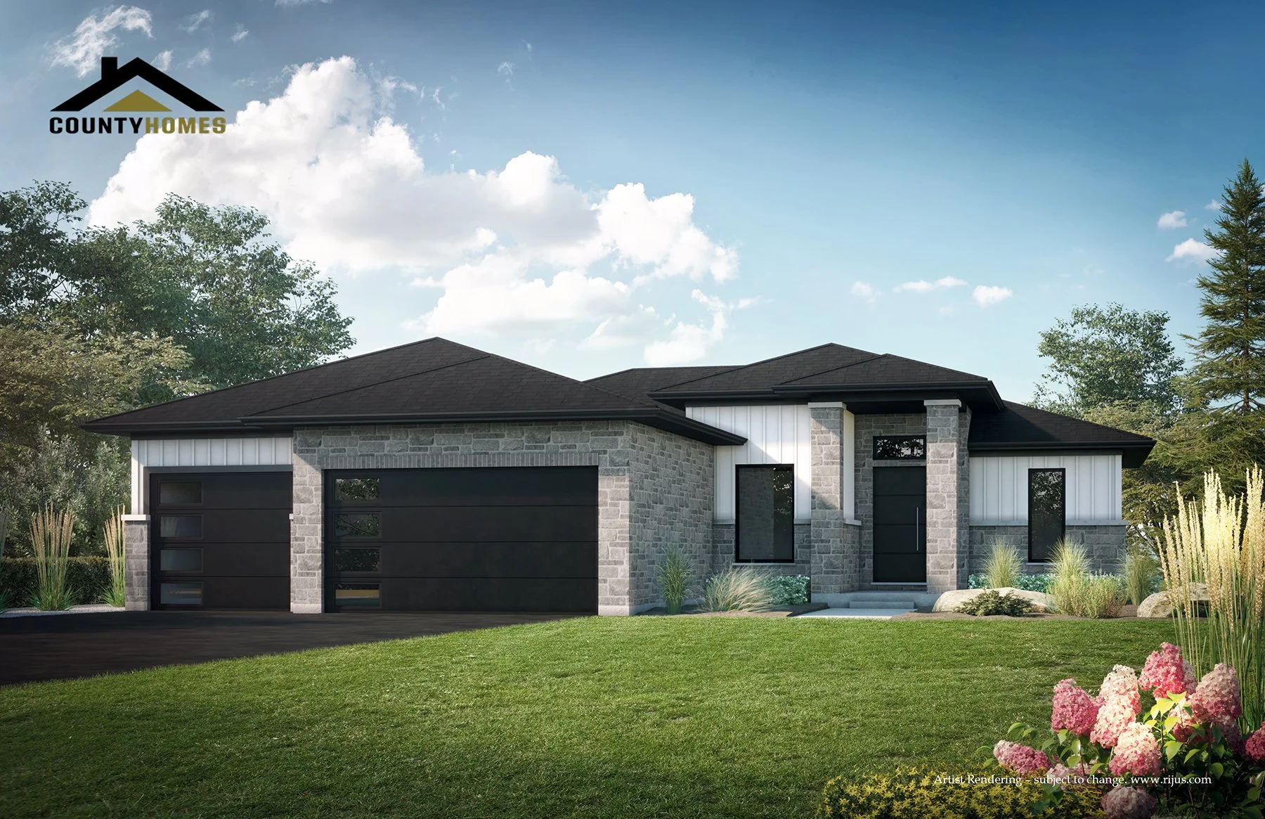 A modern single-story house with a black garage door, stone accents, and a manicured lawn with pink hydrangeas in the foreground.