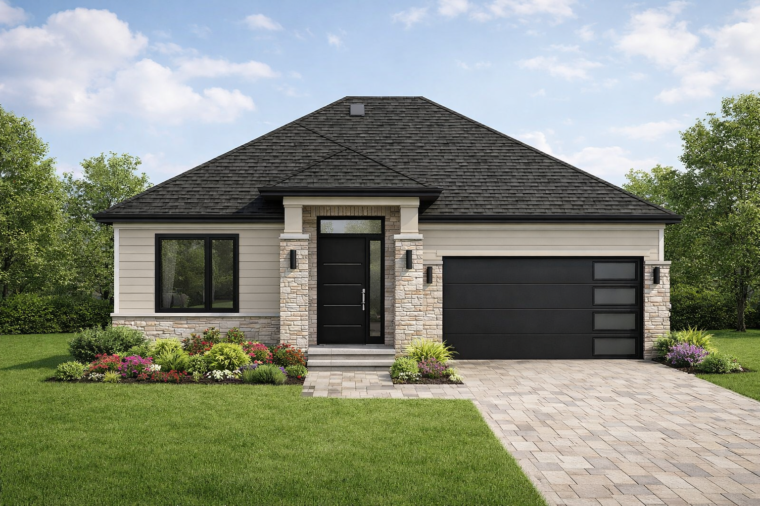 Modern single-story house with black garage door and front door, stone accents, manicured lawn, and landscaped flower beds.