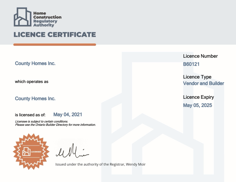 Home Construction Regulatory Authority Licence Certificate for County Homes Inc., with Licence Number B60121, Vendor and Builder, valid until May 5, 2025, issued May 4, 2021, signed by Registrar Wendy Moir.
