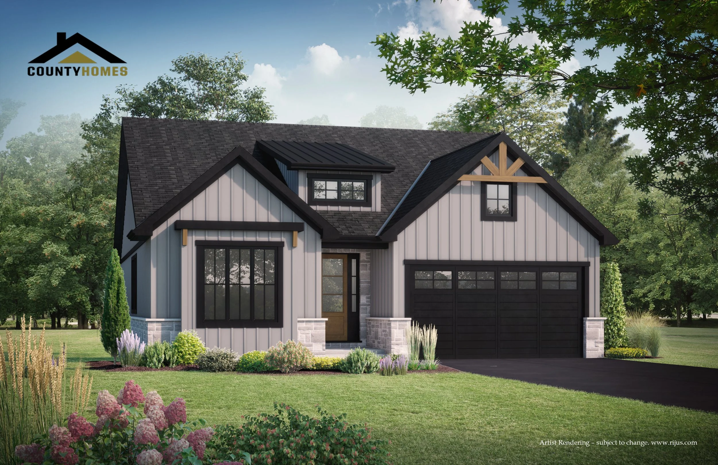 A modern two-story house with white vertical siding, black window frames, and a black garage door, surrounded by a well-maintained lawn and landscaped garden with various plants and flowers, with tall trees in the background.