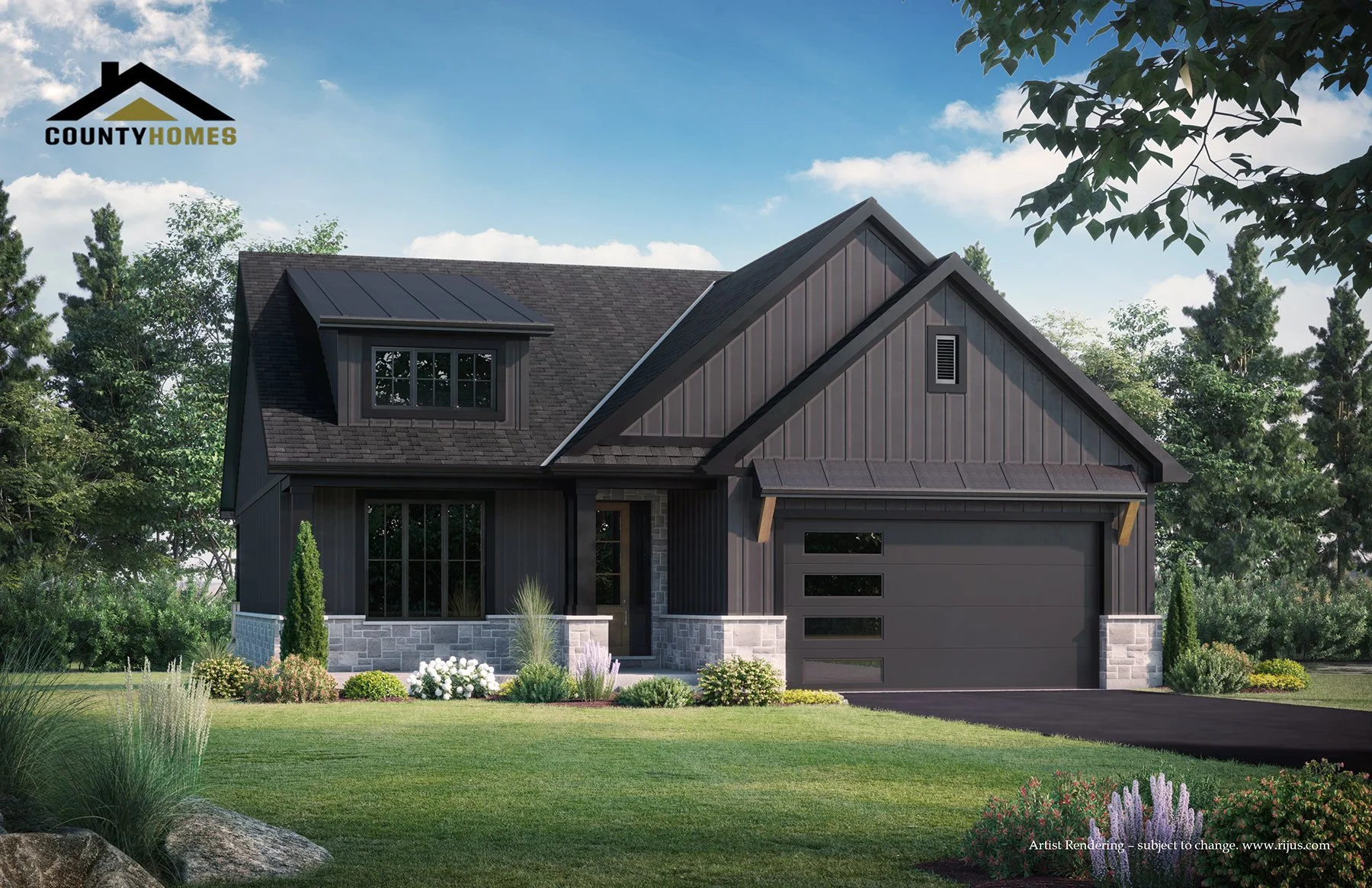 A modern two-story house with a black exterior, large windows, a gable roof with solar panels, and a two-car garage. The house is surrounded by landscaped greenery and a well-maintained lawn, with trees and bushes nearby.