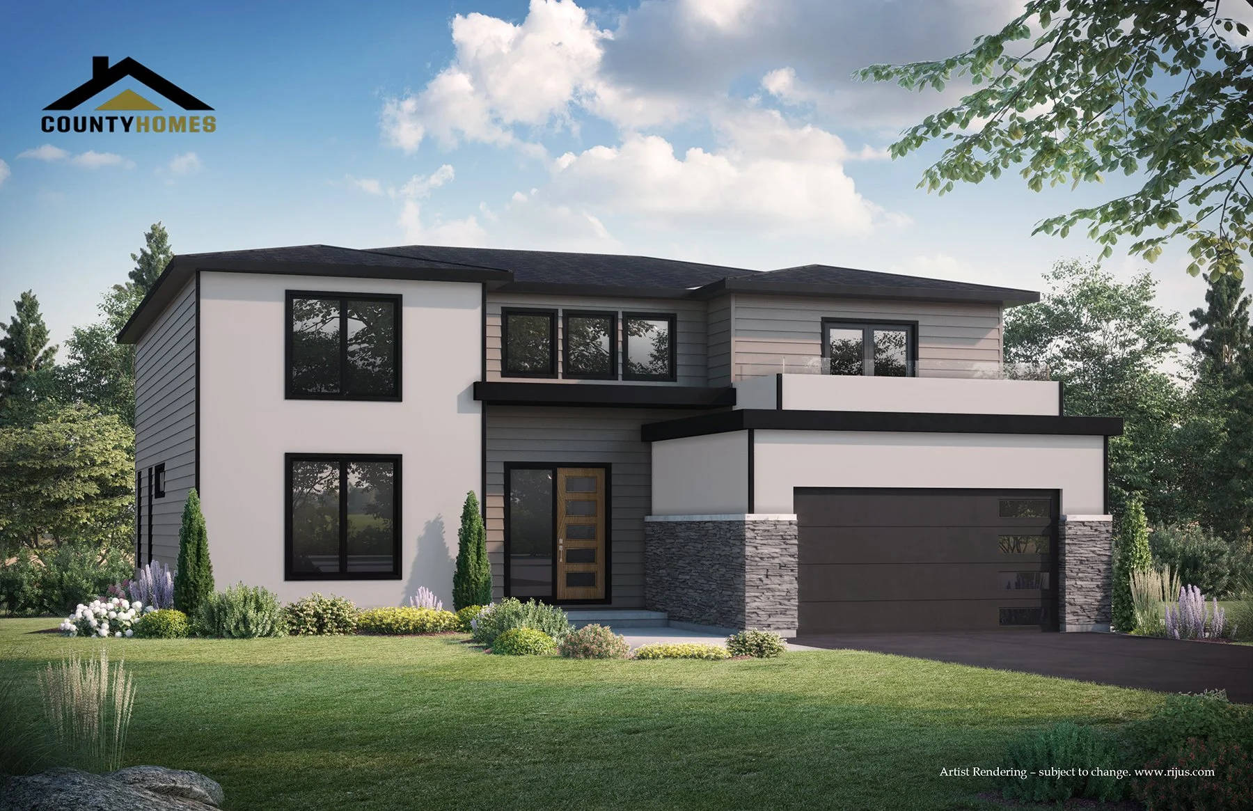 Modern two-story house with a flat roof, black window frames, a garage, and landscaped front yard with bushes and trees.