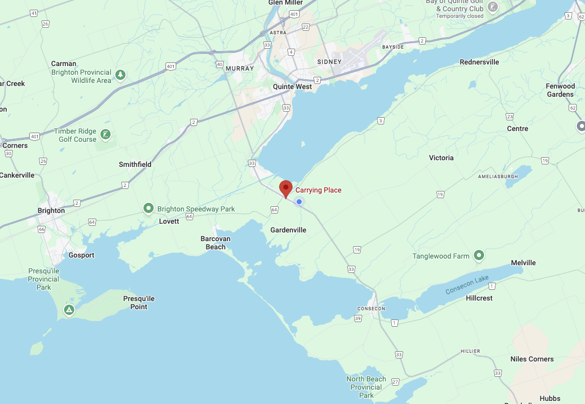 Digital map showing the area around Conesec Lake in Ontario, near Gardenville, with nearby towns like Brighton, Smithfield, and Melville, as well as parks and golf courses.