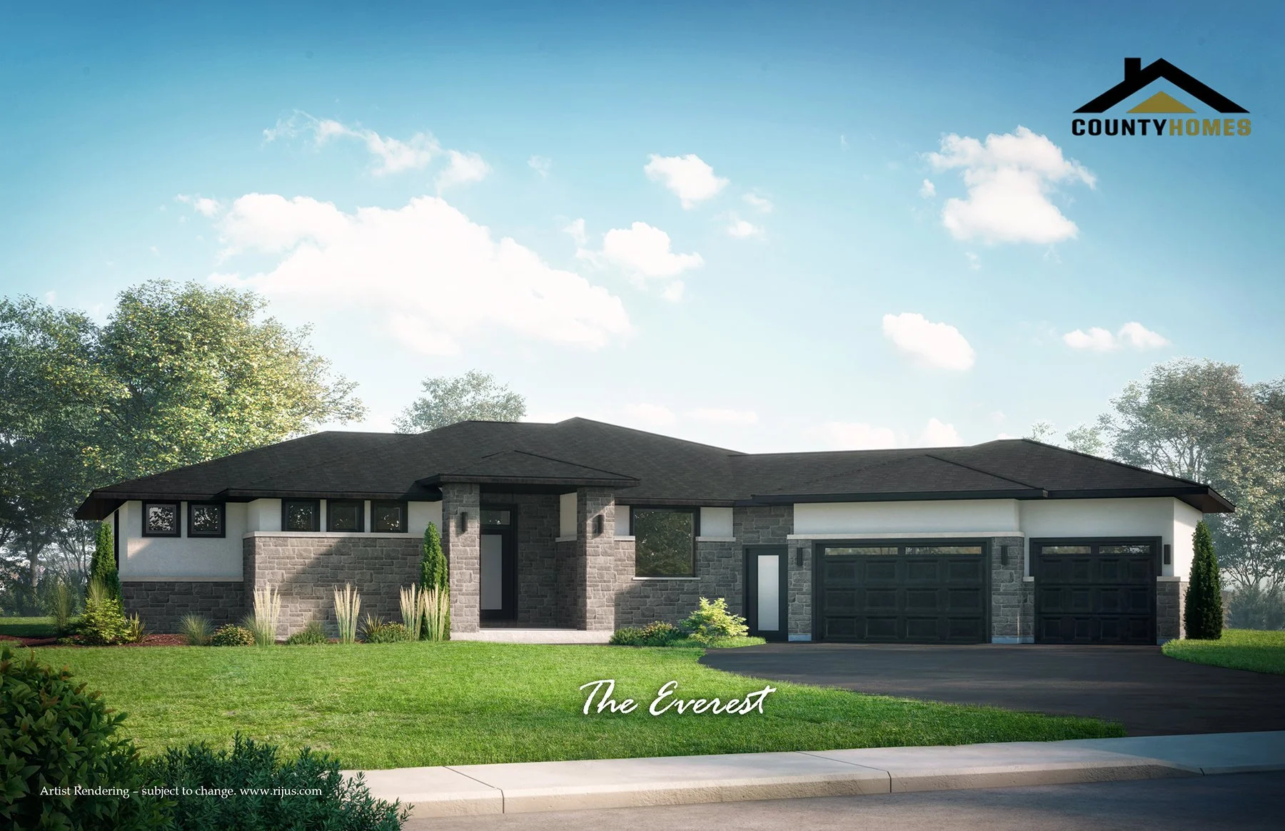 Modern single-story house with dark roof, stone and white exterior, three-car garage, landscaped front yard, and blue sky with clouds.