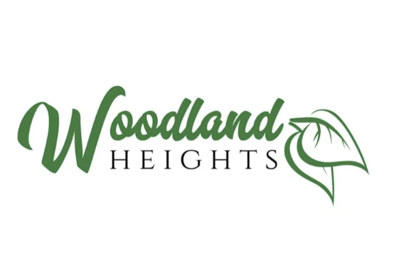 Logos for Woodland Heights featuring green script text and a leaf graphic.