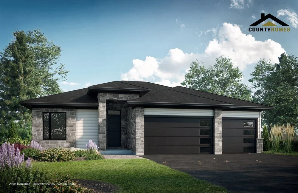 Modern single-story house with gray brick facade, black roof, black garage doors, and small front yard with shrubs and trees.