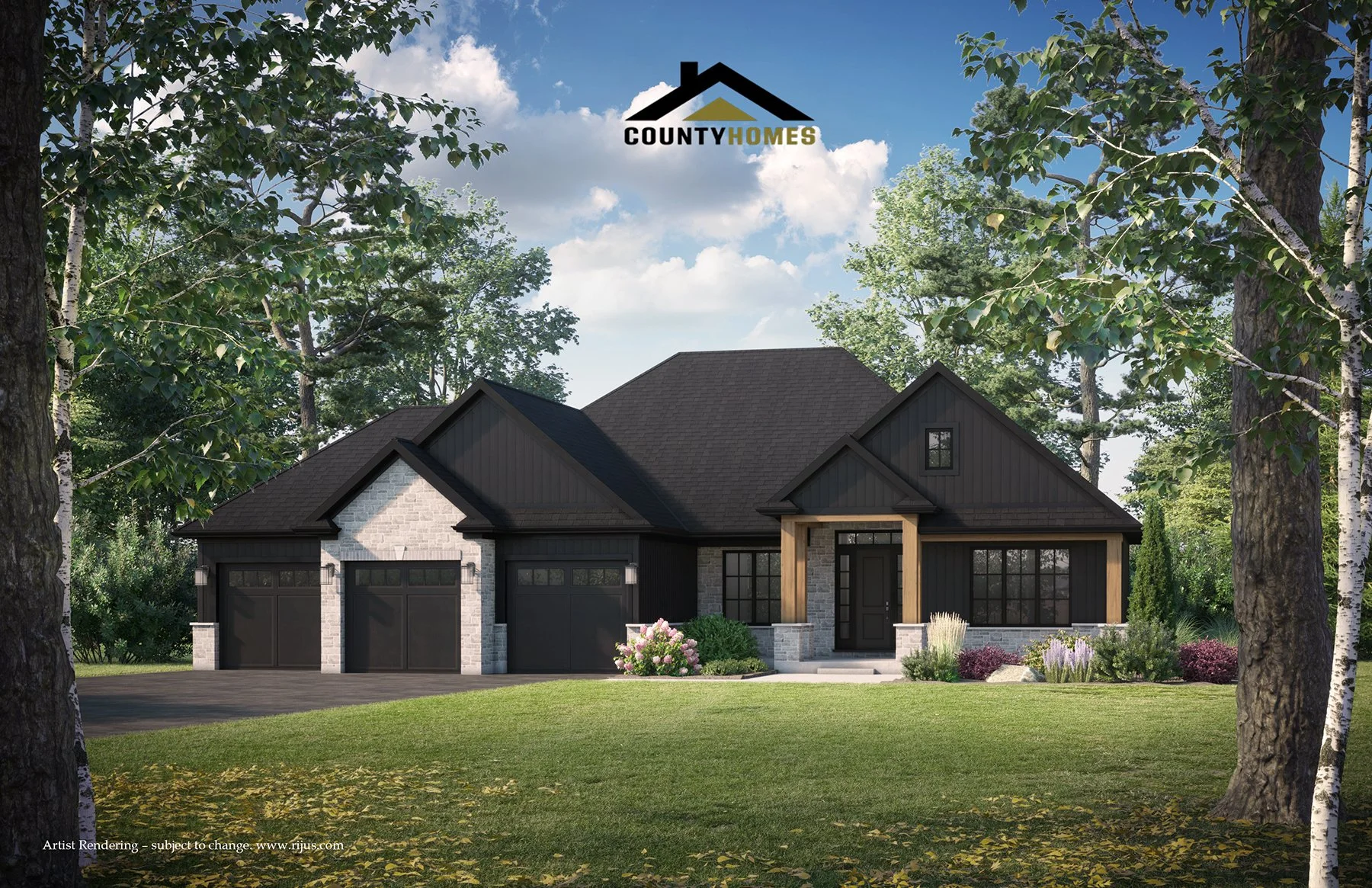 A modern house with dark gray roofing, white and black exterior walls, and large windows, surrounded by trees and a manicured lawn.