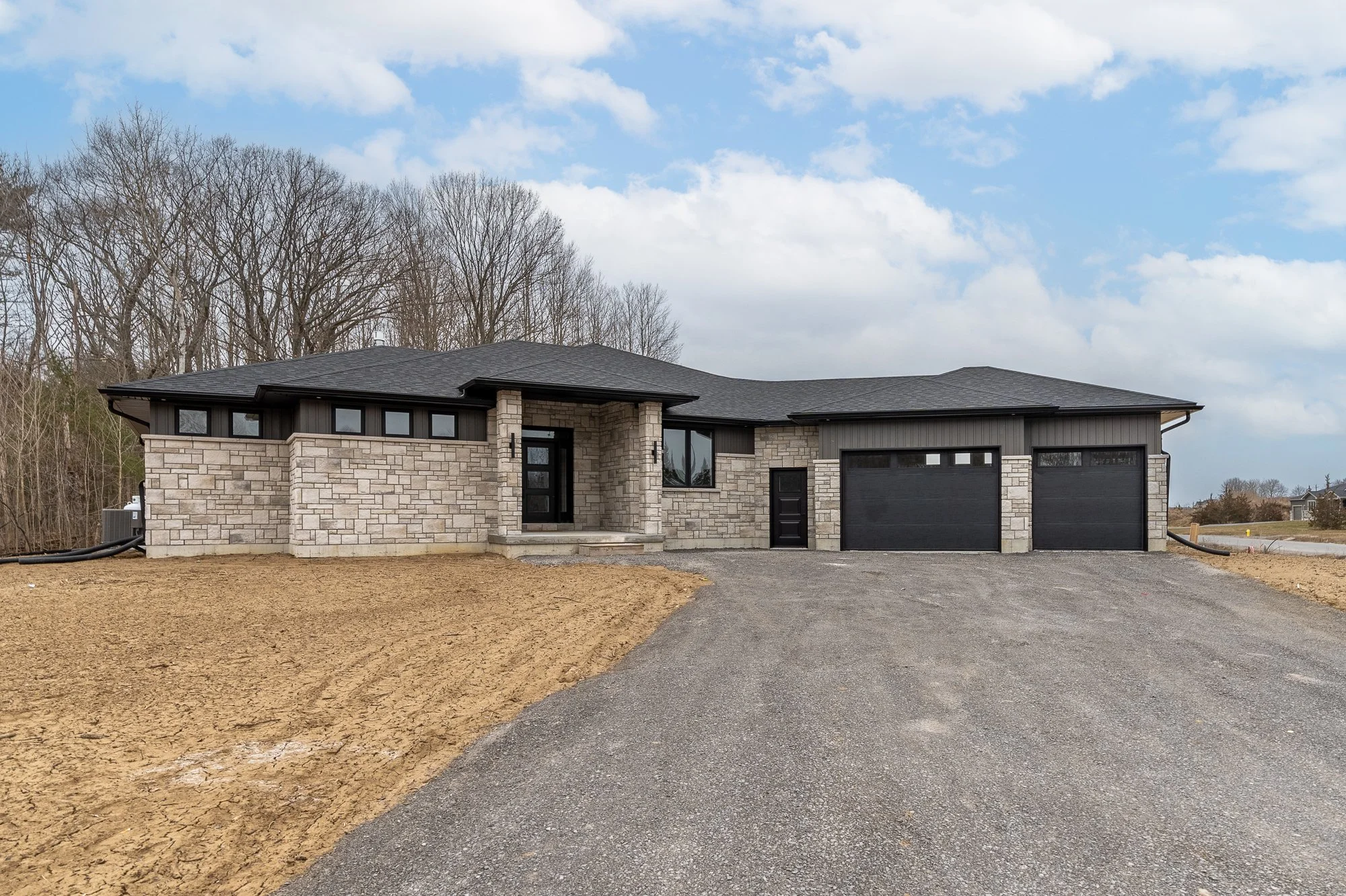 Modern single-story house with a black roof, brick and black siding exterior, three-car garage, front steps, and a newly paved driveway, set against a backdrop of leafless trees and a cloudy sky.