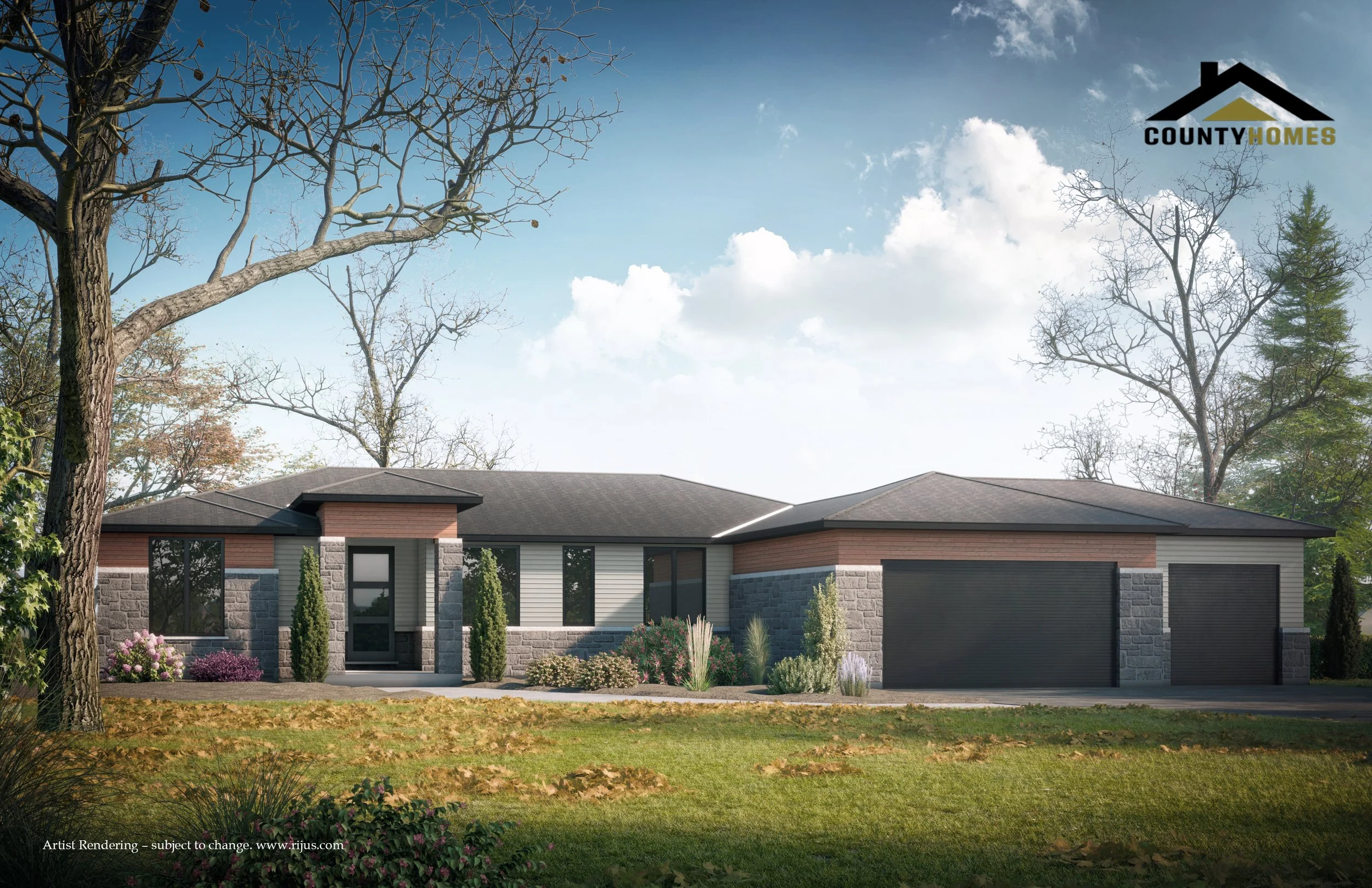 Rendering of a modern one-story house with a front lawn and driveway, featuring stone, wood, and metal siding, with tall trees in the background, under a partly cloudy sky.