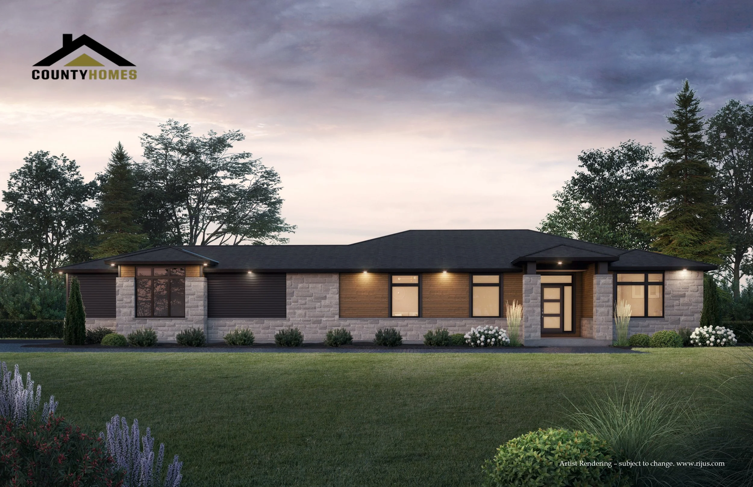 Modern single-story house with stone and wood siding, large windows, and landscaped front yard at dusk, with trees in the background and a cloudy sky.