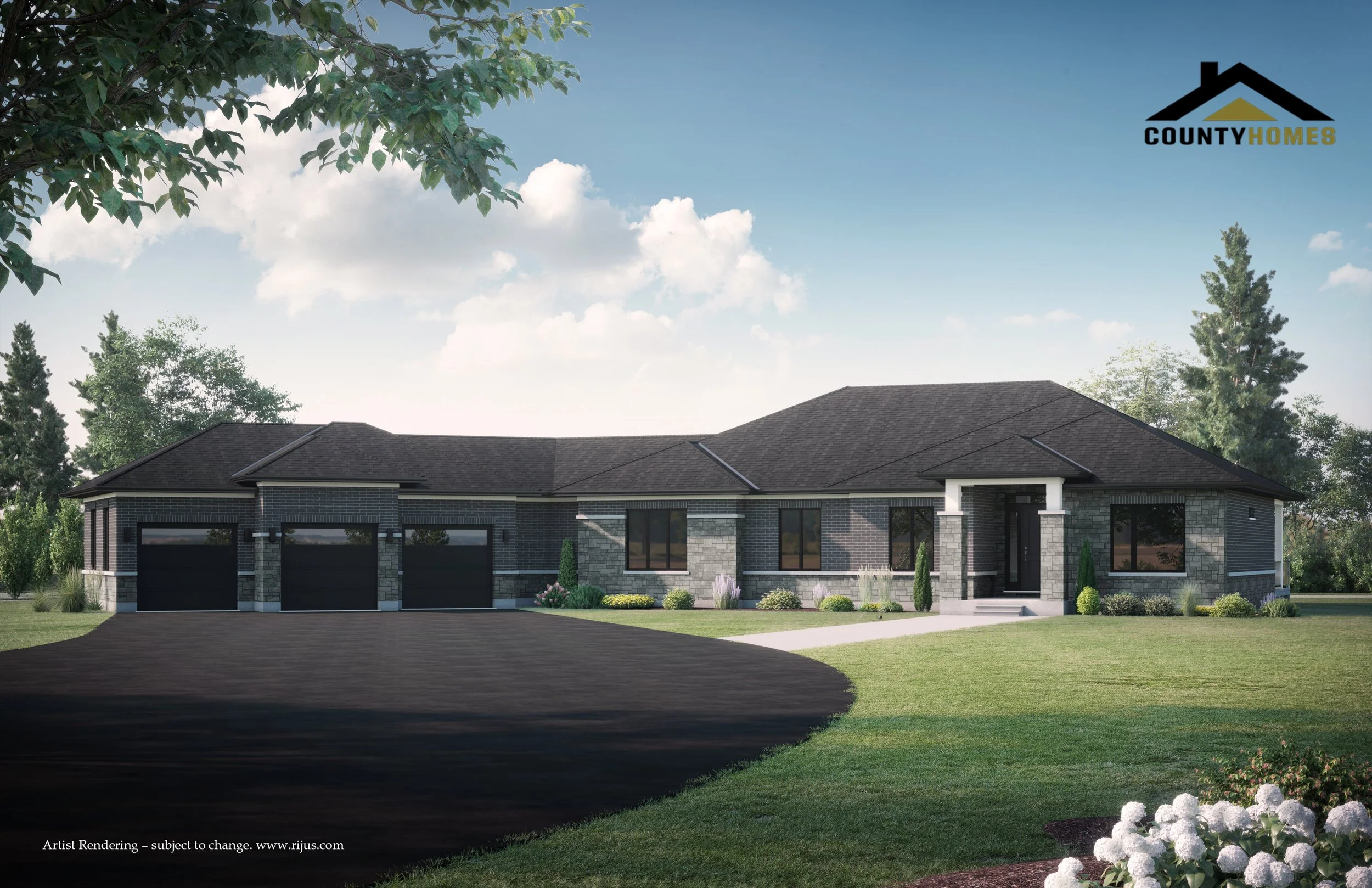 A modern single-story house with a black shingle roof, brick and stone exterior, three garage doors, and a pathway leading to the front entrance, surrounded by a well-maintained lawn and landscaped bushes, with trees and partly cloudy sky in the background.