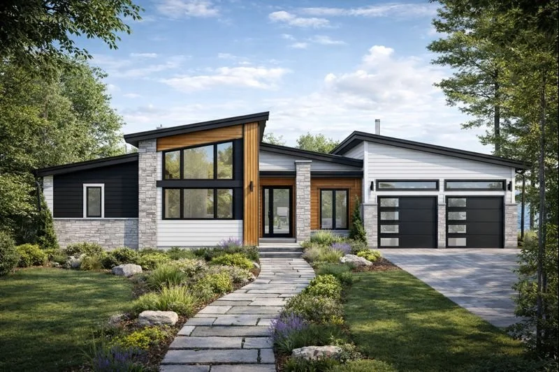 Modern single-family house with a landscaped yard, stone pathway, and a two-car garage, surrounded by trees.