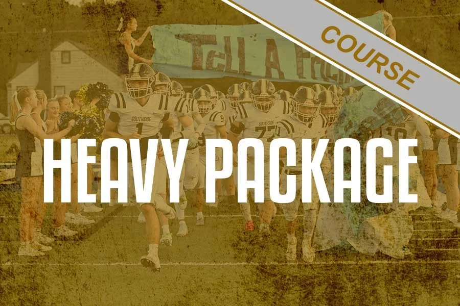 A group of football players wearing white and navy uniforms running onto the field, with cheerleaders and a banner in the background. Overlay text reads 'Heavy Package' with a 'Course' banner at the top right.