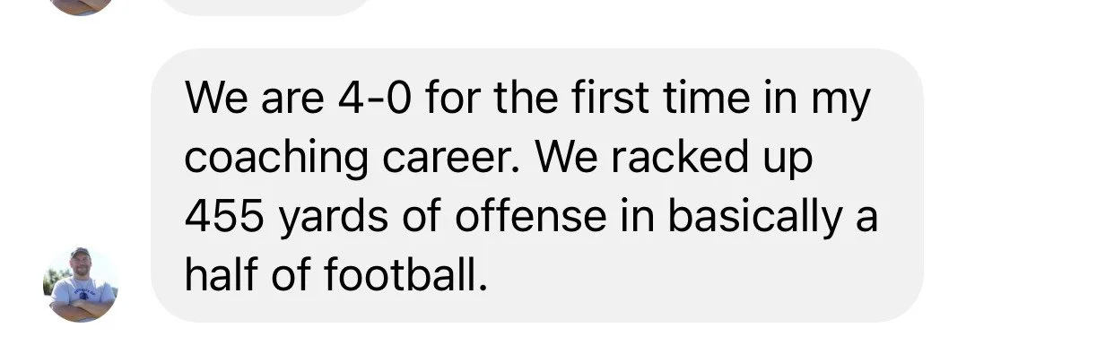 Text message conversation with a person sharing a coaching career achievement of winning 4-0, having played 455 yards of offense in football.