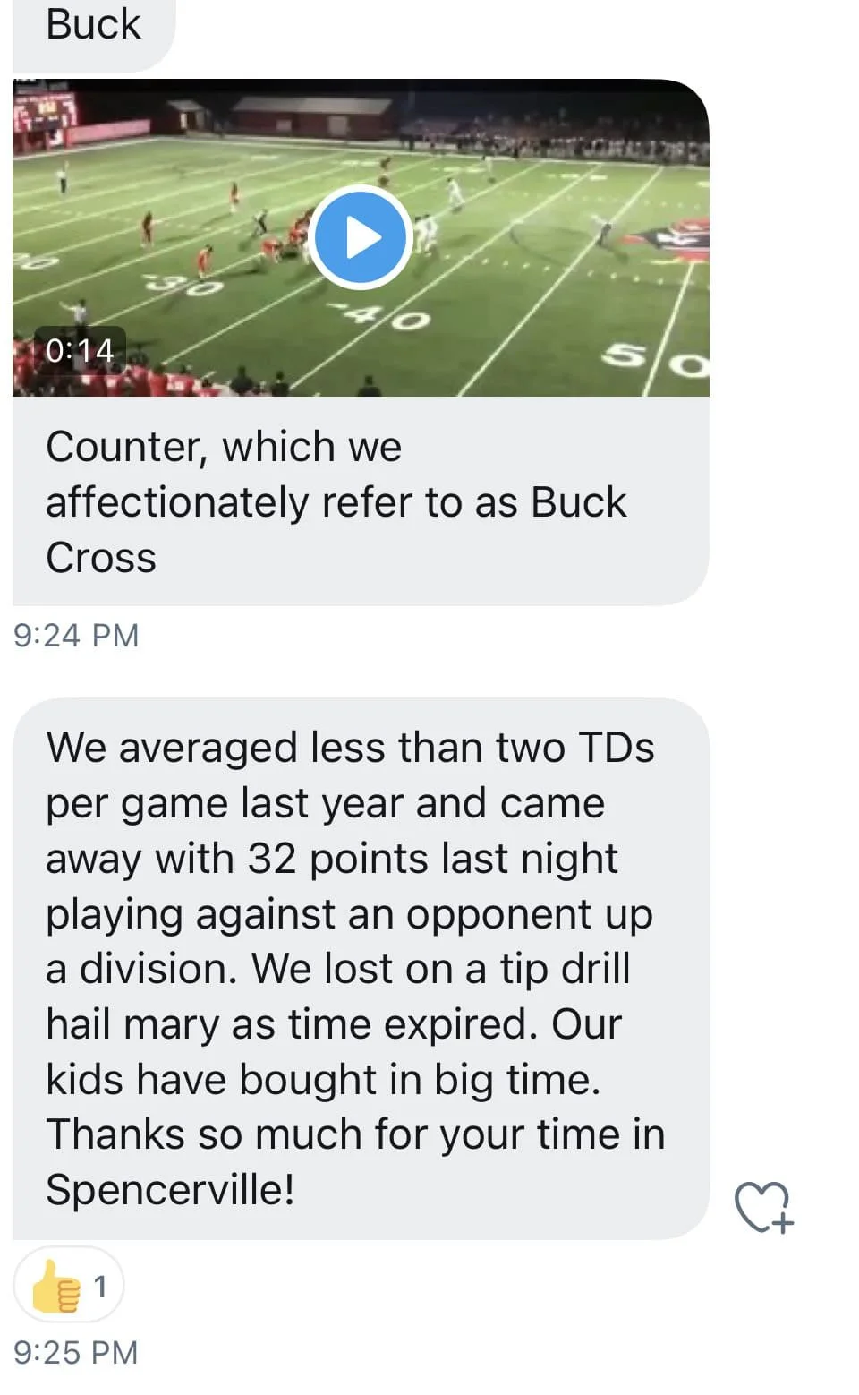 Screenshot of a text conversation about American football, showing an image of a football game on a field and messages discussing game statistics and team performance.