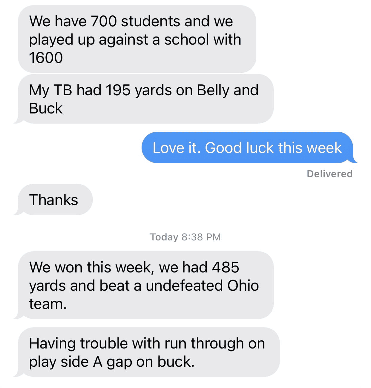 A screenshot of a text message conversation about a softball game, mentioning team statistics, a successful game, and a trouble with a player named Buck.