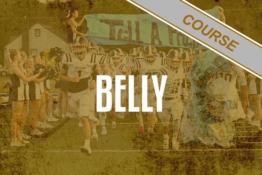 An outdoor football game scene with players in uniform, cheerleaders, and spectators. Text overlays indicate 'Belly' and 'Course'.