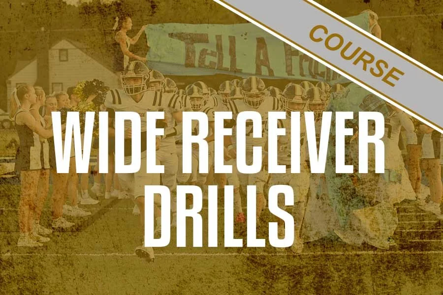 Football players and cheerleaders with a banner that says "Tell a Friend", promoting a wide receiver drills course.