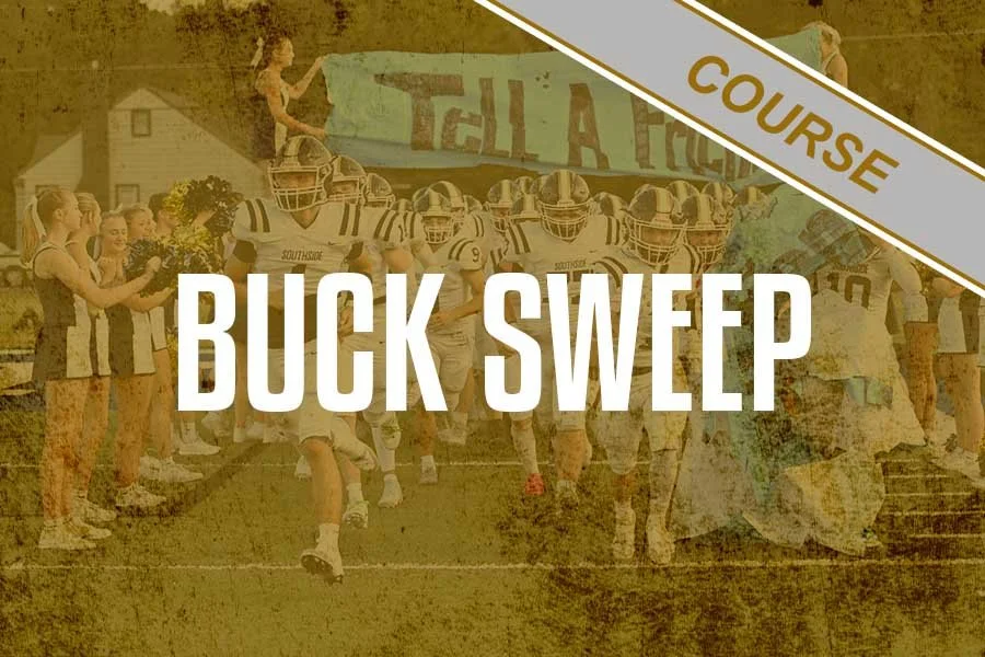 Football players running onto the field with cheerleaders and a banner in the background, overlaid with the text 'BUCK SWEEP' and a corner label 'COURSE'.