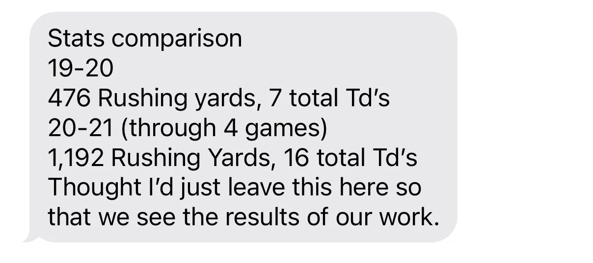 Text message comparing football stats: 19-20 season with 476 rushing yards and 7 touchdowns; 20-21 season through 4 games with 1,192 rushing yards and 16 touchdowns; followed by a note about leaving the message for results.